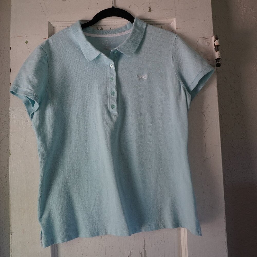 Talbots Womens XL Light Blue Cotton Spandex Short Sleeve Dragonfly Polo Shirt‎